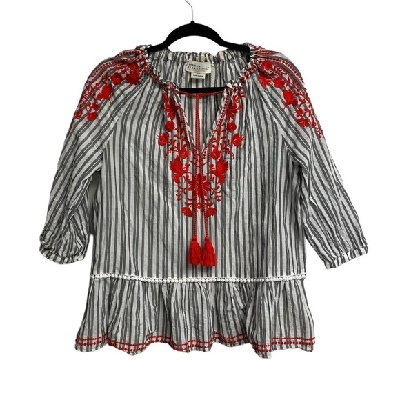 KATE SPADE BROOME STREET Striped Embroidered Peasant Top Blouse Black White XS - Picture 1 of 9